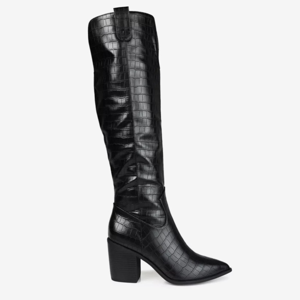 Journee Collection Black Croc-Embossed Over-the-Knee Boots